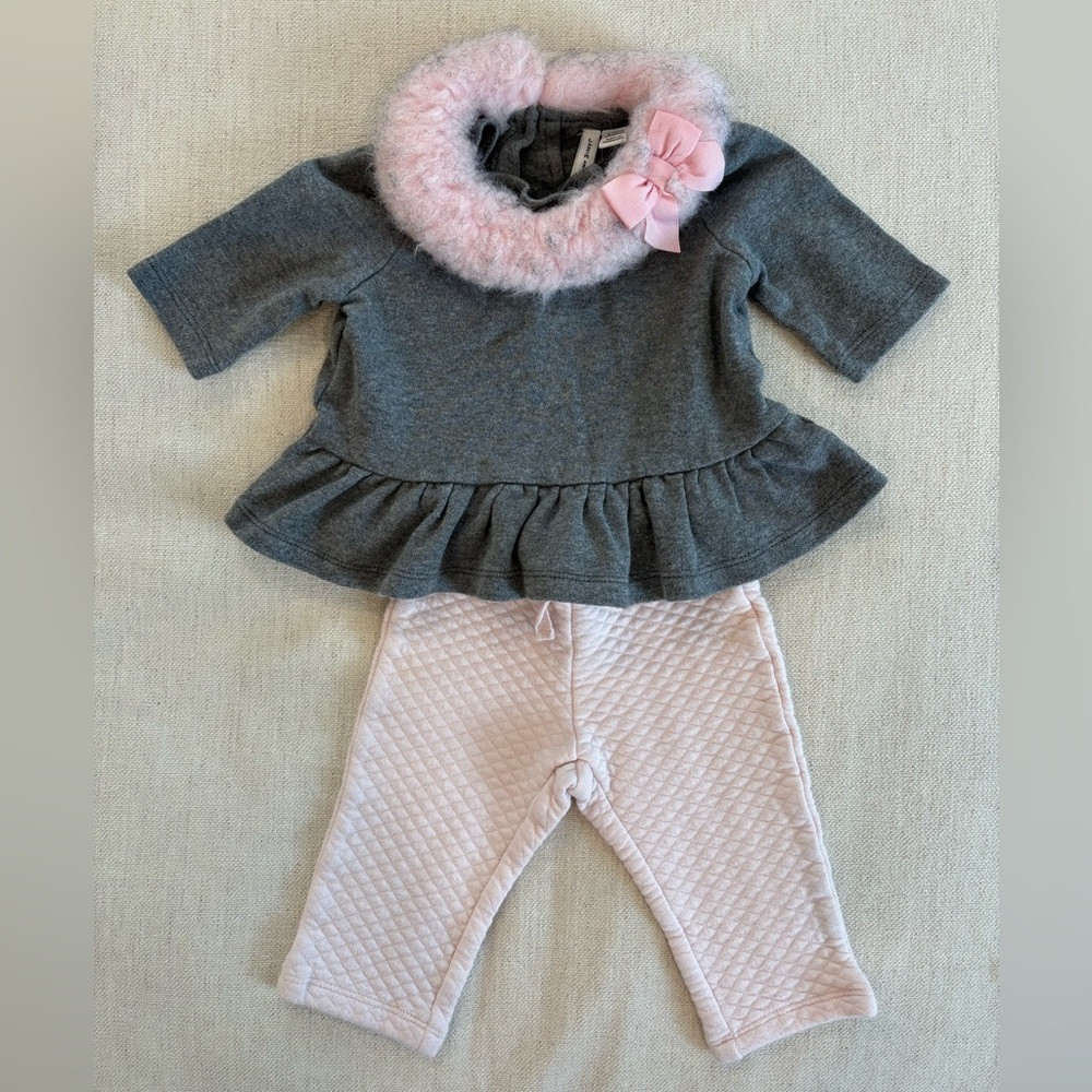 Janie & Jack Gray Sweater W/ Pink Faux Fur Collar and Pink Waffle Pants Sz 6-12M